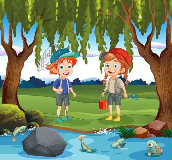 Barn Tecknad Karaktär Utforska Damm Forest Scene Illustration — Stock vektor