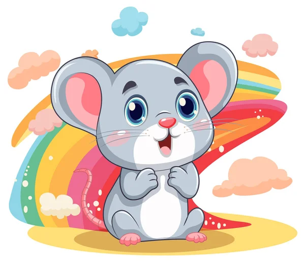 Schattige Rat Cartoon Karakter Met Regenboog Geïsoleerde Illustratie — Stockvector