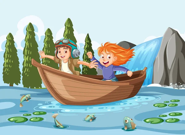 Duas Crianças Barco Lago Cena Ilustração — Vetor de Stock