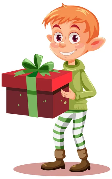 Cheerful Elf Holding Gift Box Illustration — Stock Vector