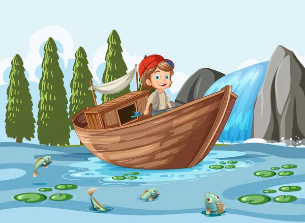 Happy Boy Sur Bateau Dans Lac Illustration Scène — Image vectorielle