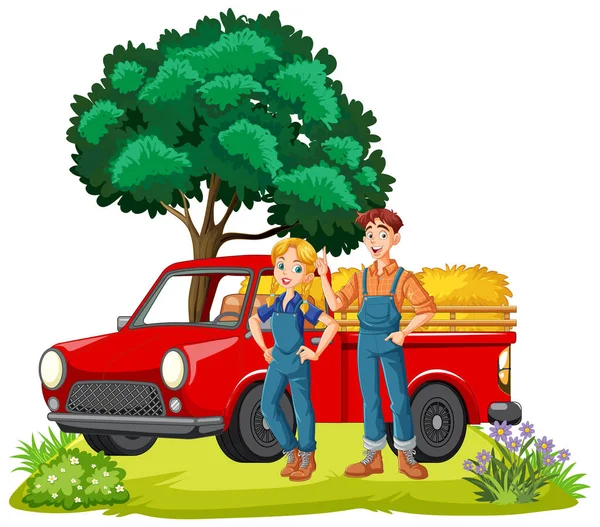 Ζευγάρι Αγροτών Κόκκινο Φορτηγό Διανυσματική Απεικόνιση — Διανυσματικό Αρχείο