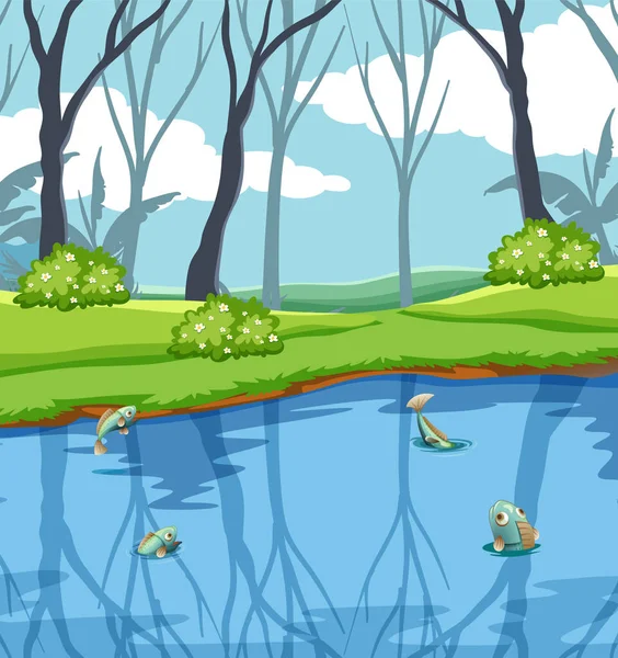 森林广场场景中的池塘矢量图解 — 图库矢量图片