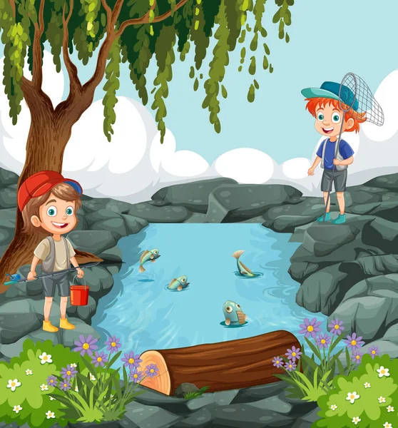 森の中の池を探索する子供漫画のキャラクターイラスト — ストックベクタ