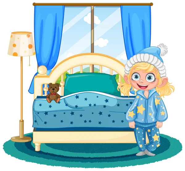 卧室插图中穿着睡衣的可爱女孩 — 图库矢量图片
