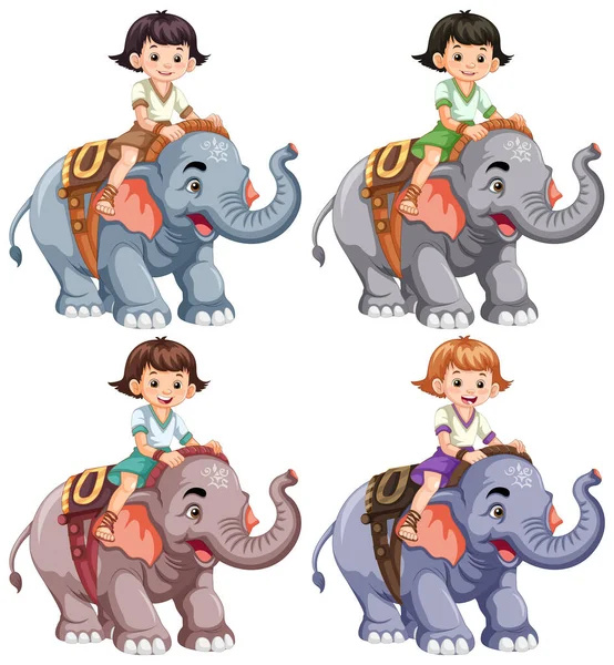Collection Different Kids Riding Elephants Illustration — Stock Vector