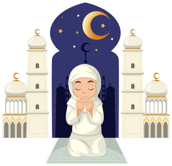 Árabe Muçulmano Menina Orando Cartoon Personagem Ilustração — Vetor de Stock