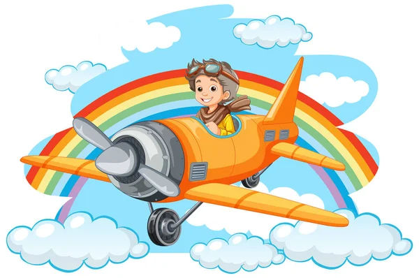 快乐男孩乘坐彩虹在天空中的平面插图 — 图库矢量图片