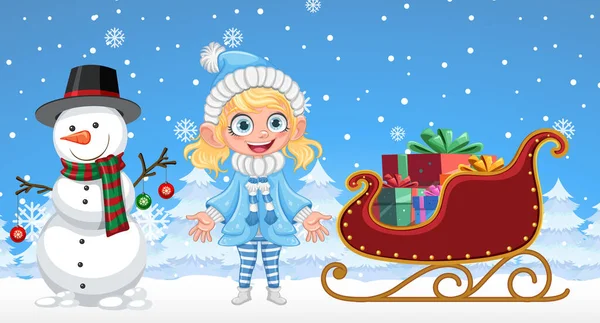 Happy Girl Snowman Winter Background Illustration — Stock Vector