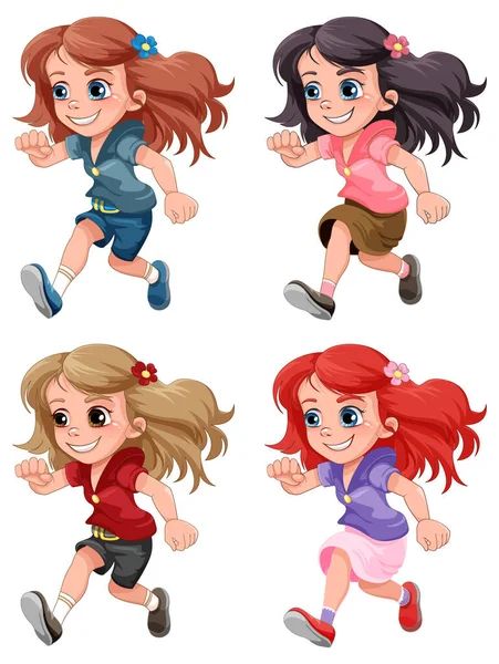 可爱女孩跑步卡通人物插图 — 图库矢量图片