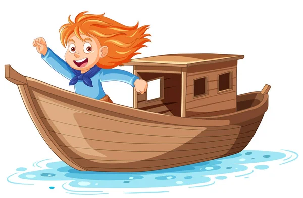 Иллюстрация Adventure Girl Wooden Boat — стоковый вектор