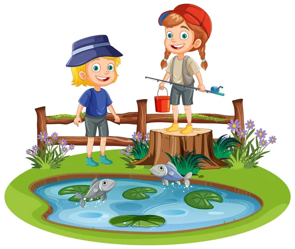 Παιδιά Ψάρεμα Λίμνη Εικονογράφηση — Διανυσματικό Αρχείο
