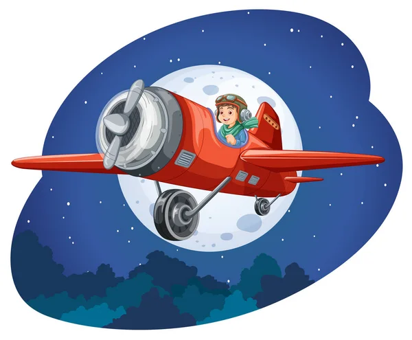 Glücklicher Junge Der Nachts Flugzeug Sitzt Illustration — Stockvektor