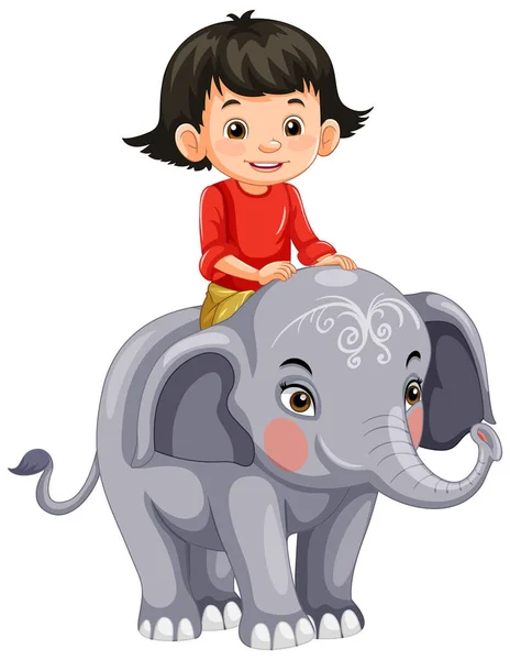 Little Girl Riding Elephant Στην Απεικόνιση Στυλ Κινουμένων Σχεδίων — Διανυσματικό Αρχείο