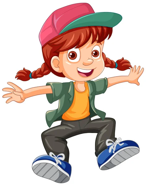 Chica Urbana Con Gorra Saltando Ilustración Personaje Dibujos Animados — Vector de stock