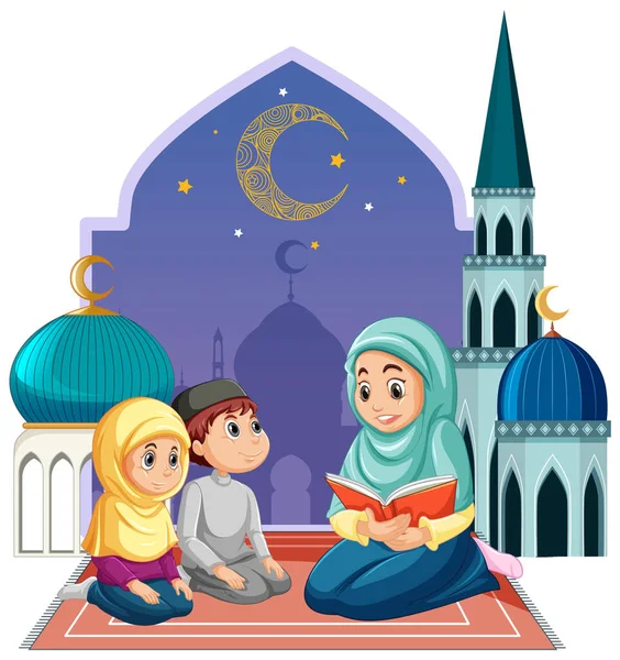 イスラム教徒の家族漫画のキャラクターイラスト — ストックベクタ