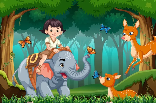 ジャングルのイラストで象に乗る女の子 — ストックベクタ