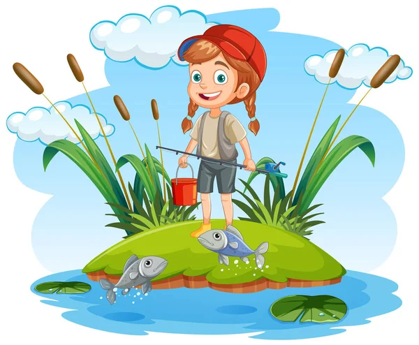 Cartoon Girl Pesca Lagoa Ilustração — Vetor de Stock