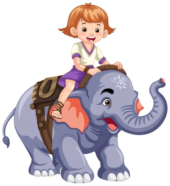 Happy Kid Riding Elephant Cartoon Style Illustration — Stock Vector
