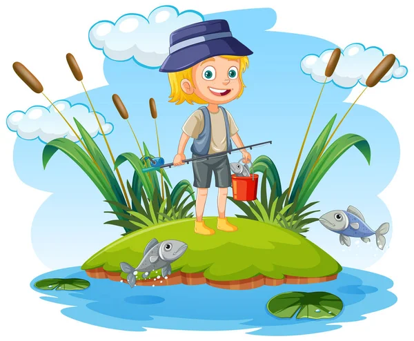 Cartoon Girl Pesca Nello Stagno Illustrazione — Vettoriale Stock