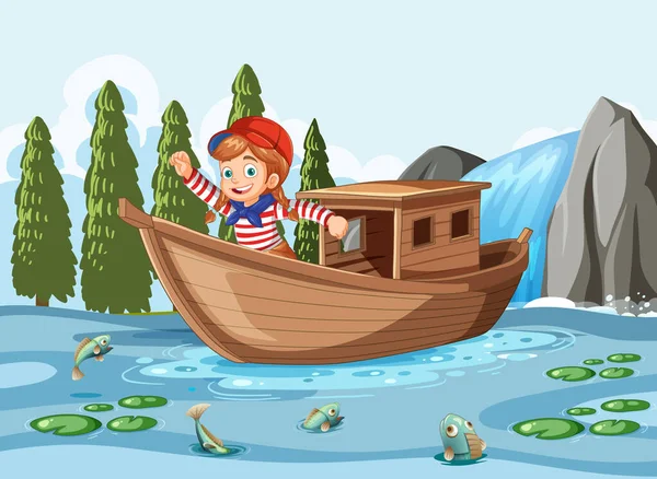 Gelukkig Meisje Boot Lake Scene Illustratie — Stockvector