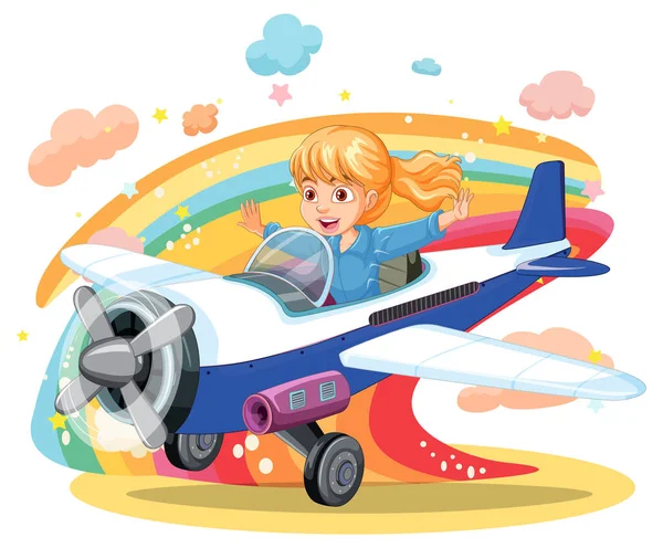 Girl Pilot Flying Airplane Rainbow Background Illustration — Stock Vector