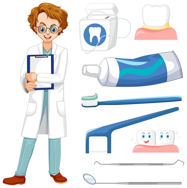 Усміхнений Стоматолог Стоматологічні Елементи Векторні Ілюстрації Набір — стоковий вектор