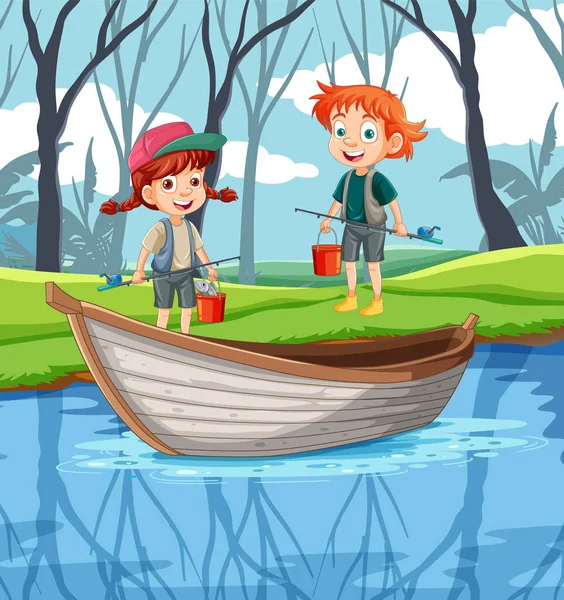Illustration Vectorielle Pêche Deux Enfants Prêts Partir — Image vectorielle