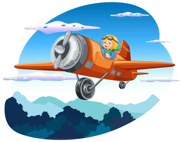 Happy Girl Riding Plane Sky Illustration — Stock Vector
