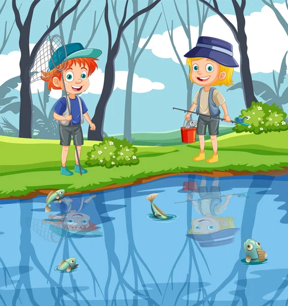 儿童卡通人物在森林场景中探索池塘图解 — 图库矢量图片