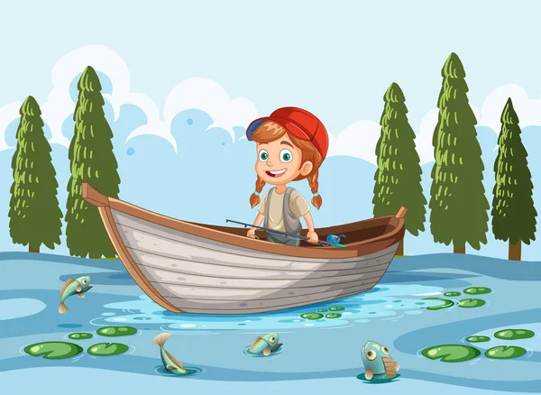 Fille Heureuse Sur Bateau Dans Lac Illustration Scène — Image vectorielle