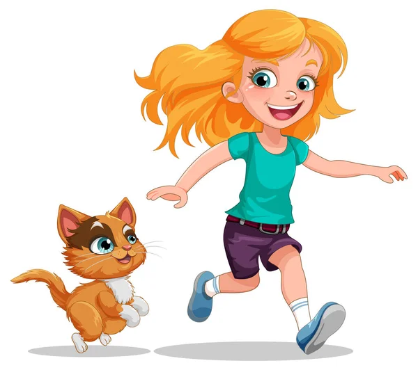 Girl Playing Her Cat Illustration — Vetor de Stock