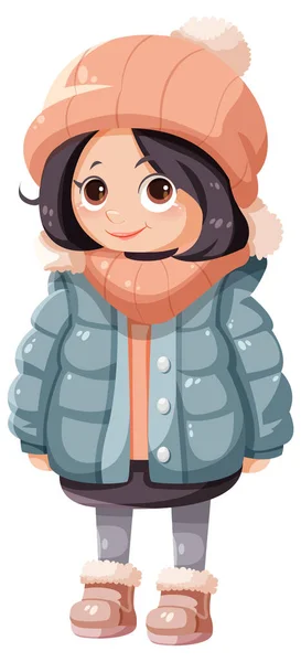 Cute Girl Postać Kreskówek Noszenie Zimowej Tkaniny Ilustracja — Wektor stockowy