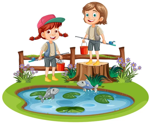Niños Pescando Estanque Ilustración — Vector de stock