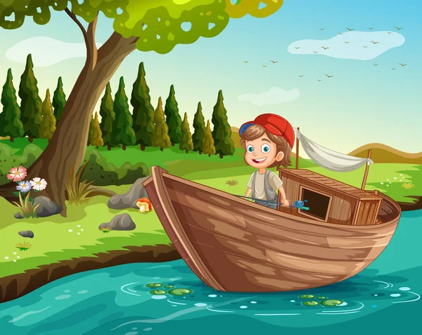 自然の図では 川での木製のボートで漁師釣り — ストックベクタ