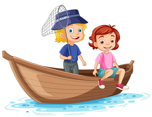 两个女孩在木船上钓鱼 — 图库矢量图片