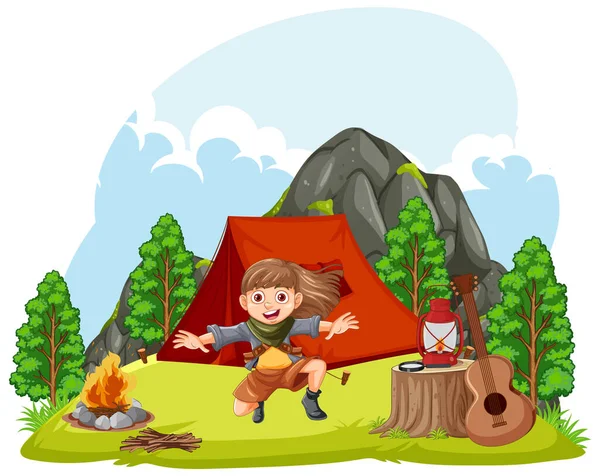 Tent Camp Scene Girl Character Illustration — Stock Vector