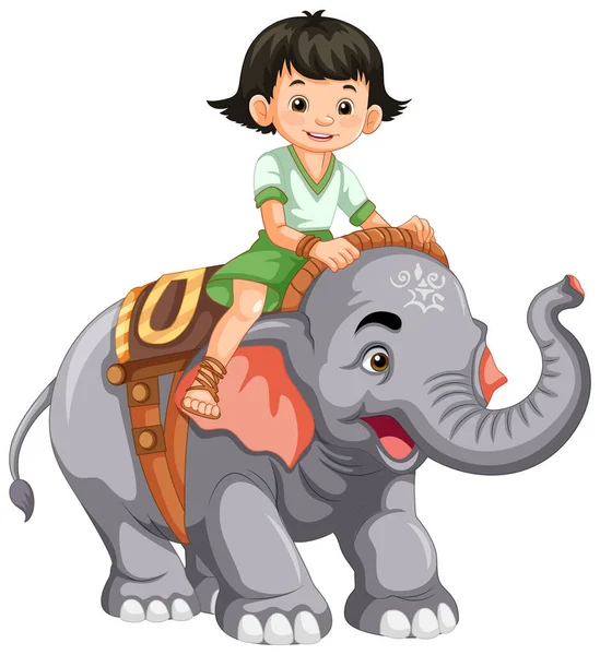 Little Girl Riding Elephant Cartoon Style Illustration — Stock Vector