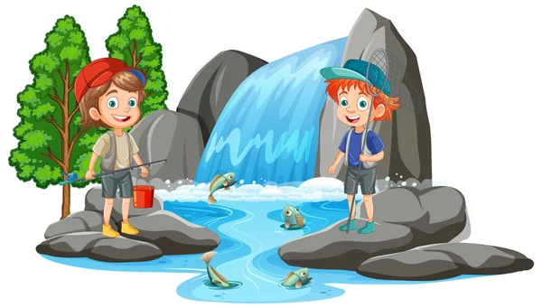 Two Kids Waterfall Scene Illustration — Stock Vector