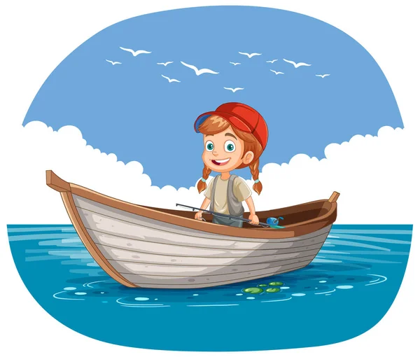 Happy Girl Fishing Wooden Boat Illustration — Stock Vector