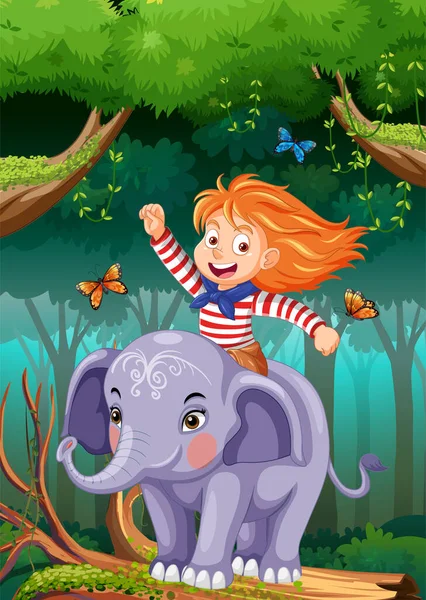 Happy Girl Équitation Éléphant Dans Jungle Illustration — Image vectorielle