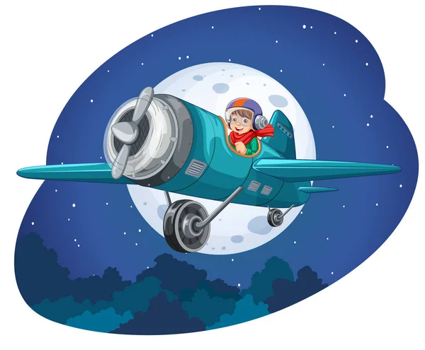 Niño Feliz Montando Avión Por Noche Ilustración — Vector de stock