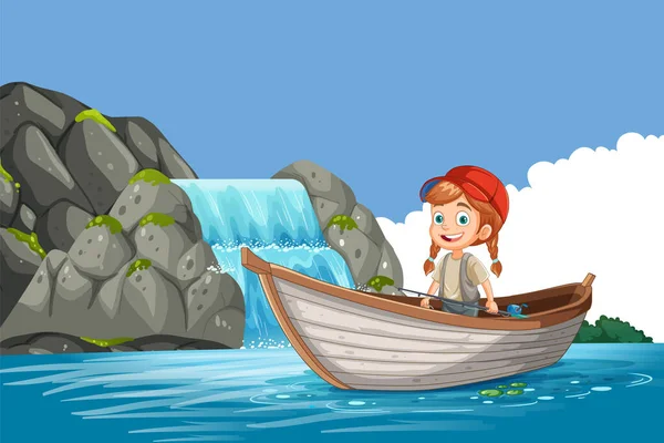 在大自然中钓鱼的男孩 背景图上有瀑布 — 图库矢量图片