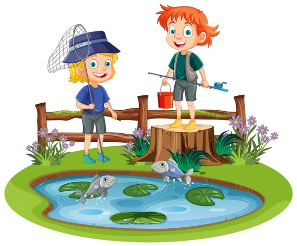 Niños Pescando Estanque Ilustración — Vector de stock