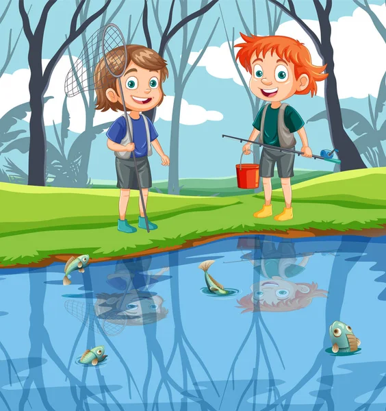 Kids Cartoon Characters Exploring Pond Forest Scene Illustration — Stock Vector