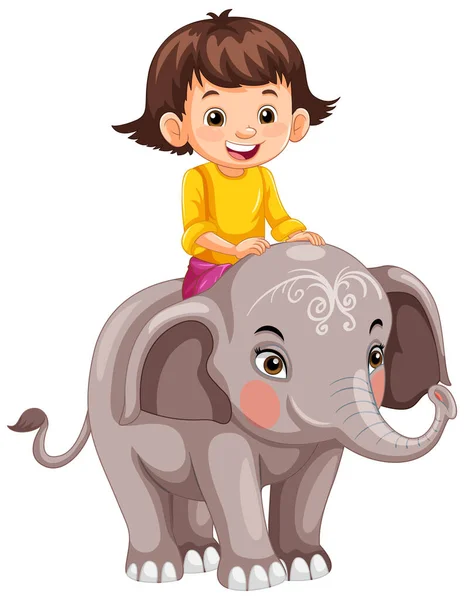 Happy Girl Riding Elephant Στην Απεικόνιση Στυλ Κινουμένων Σχεδίων — Διανυσματικό Αρχείο