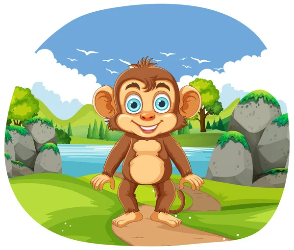 Monkey Standing Forest Scene Illustration — Stock Vector