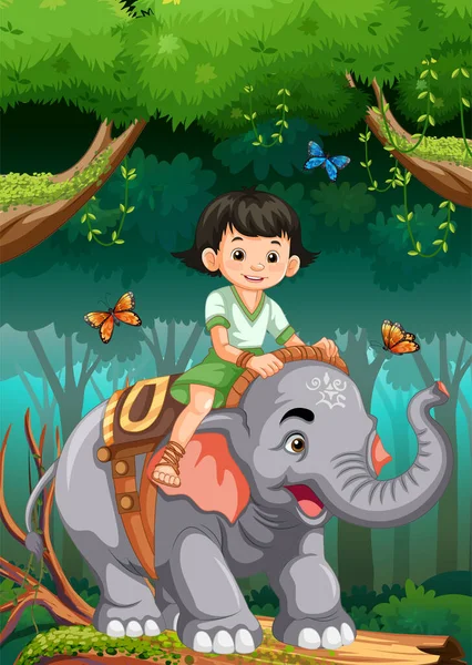 Boldog Lány Lovaglás Elefánt Dzsungelben Illusztráció — Stock Vector