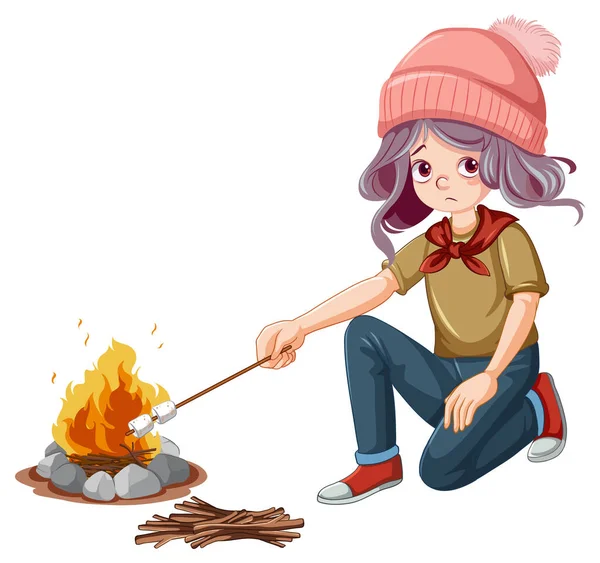 女孩和棉花糖棒露营插图 — 图库矢量图片