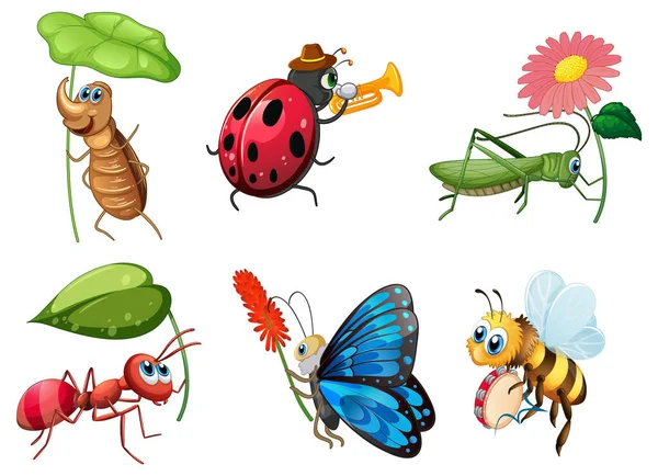 Çeşitli Böcek Çizgi Film Karakterleri Çizimi — Stok Vektör